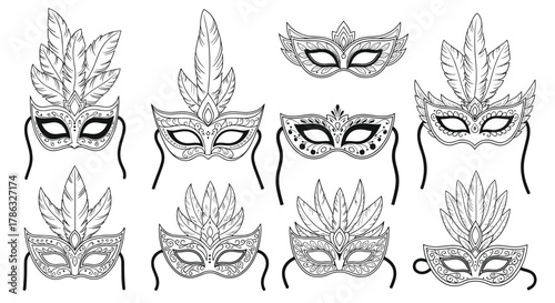 A selection of decorative masquerade masks with intricate details and feather adornments, suitable for parties, festivals, and theatrical events.