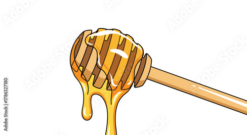 Close-up illustration of a wooden honey dipper dripping with golden honey, capturing the sweet, viscous texture.