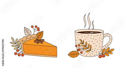 A slice of pumpkin pie and a steaming mug of coffee, decorated with autumn leaves and berries, representing cozy fall flavors and seasonal comfort.