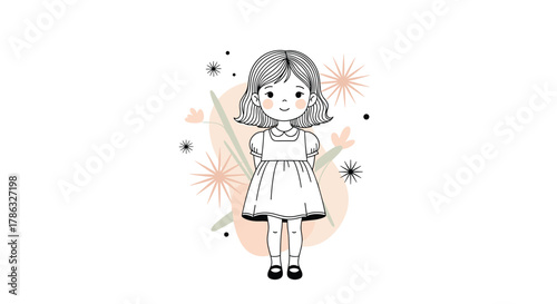 Line art illustration of a young girl in a simple dress, standing amidst abstract floral and starburst elements, conveying innocence and childhood.