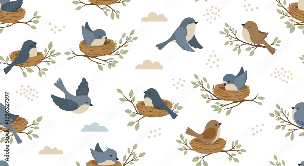 Fototapeta premium A delightful pattern of blue and brown birds nesting and perched on branches with green leaves, set against a white background with subtle dots and clouds.