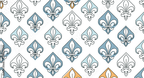 A repeating pattern of elegant fleur-de-lis symbols in blue, white, and a hint of orange, creating a sophisticated and classic decorative motif.
