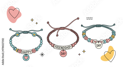 Three charming handmade bracelets, designed for friendship day, feature beads, hearts, and inscribed charms reading 'HAPPY', 'FRIENDSHIP DAY', and 'DAY'.