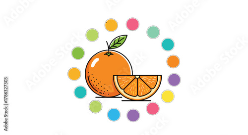 A vibrant orange and its slice are encircled by a colorful ring of small dots, representing a cheerful and refreshing citrus theme.