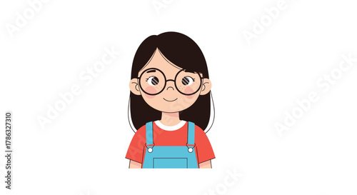 A cute cartoon girl with brown hair, glasses, and freckles, wearing a red shirt and blue overalls, smiles warmly, representing childhood and innocence.
