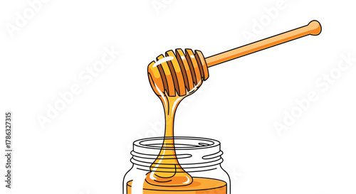 Golden honey gracefully drips from a wooden dipper into a clear glass jar, creating a warm and inviting depiction of natural sweetness.