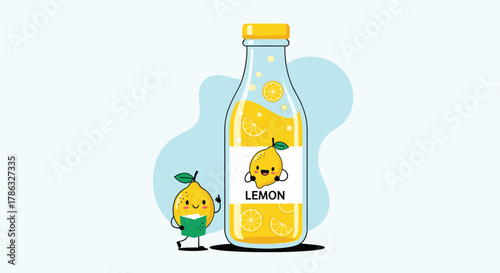 A cheerful cartoon lemon stands next to a bottle of lemonade, both adorned with happy faces, embodying the refreshing and zesty spirit of summer.