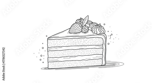 A beautifully rendered slice of layered cake, topped with berries and meringue, depicted in delicate line art, suggesting a delicious dessert.