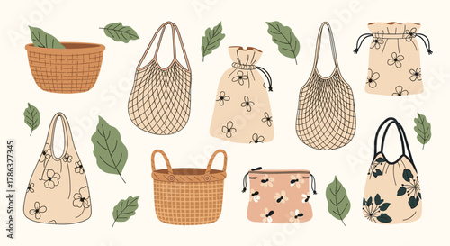 An assortment of reusable shopping bags, including woven baskets, string totes, and floral-patterned drawstring bags, alongside green leaves, promoting eco-friendly habits.
