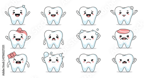 A collection of twelve cartoon teeth, each with a unique expression ranging from happy and bubbly to sad and chipped, representing dental health and emotions.