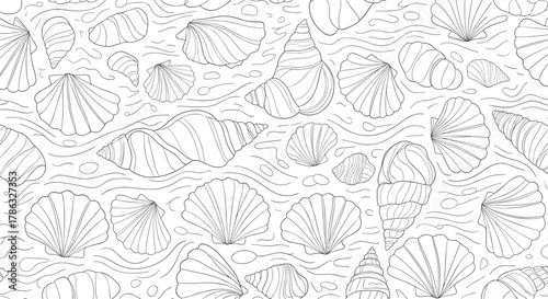 A detailed line art pattern of various seashells and pebbles set against a backdrop of wavy lines, creating a sophisticated and serene beach theme.