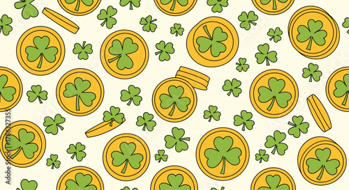 A festive St. Patrick's Day pattern features golden coins and green shamrocks scattered across a light background, symbolizing luck and Irish celebration.
