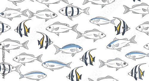 A detailed pattern of various fish species, rendered in outline and with subtle blue accents, swimming together in a school, evoking an underwater marine scene.