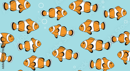 A cheerful pattern of orange and white clownfish swimming in a light blue ocean, complete with bubbles, creating a playful and aquatic scene.