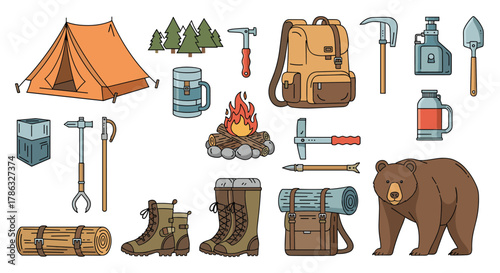 An outdoor adventure set displays camping gear including a tent, backpack, boots, sleeping bag, campfire, and a bear, ready for exploration.