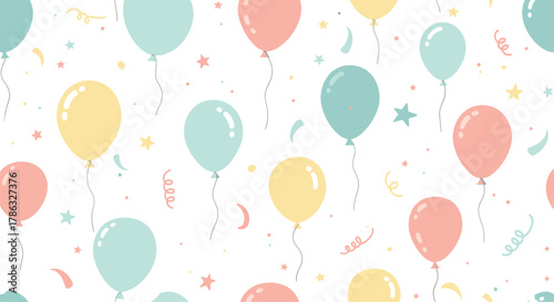 A festive pattern of colorful balloons, stars, and confetti scattered across a white background, perfect for birthdays and celebratory events.