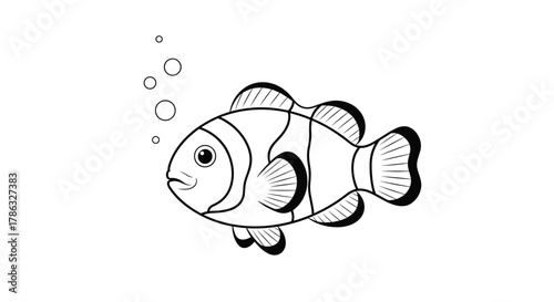 A black and white outline drawing of a clownfish swimming with small bubbles, representing a simple and iconic marine creature.