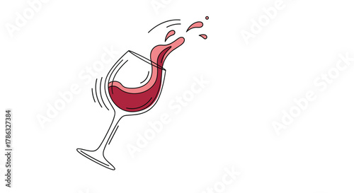 A dynamic illustration of a wine glass tipping over, spilling red wine with splashes and ripples, capturing a moment of playful clumsiness.