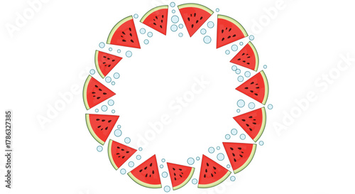 A circular frame composed of watermelon slices and sparkling bubbles, evoking a refreshing and festive summer theme.