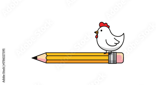 A cute cartoon chicken perches atop a yellow pencil with an eraser, humorously combining farm animal charm with school or art supplies.