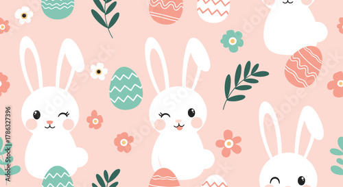 A whimsical Easter pattern features cute white bunnies, colorful decorated eggs, and delicate flowers scattered across a soft pink background.