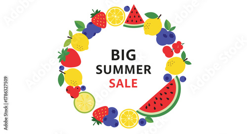 A vibrant circular frame made of summer fruits like strawberries, blueberries, lemons, and watermelon slices, with the text 'BIG SUMMER SALE' inside, announcing a seasonal promotion.