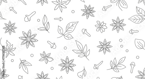 Minimalist pattern featuring line art of star anise, cloves, and leaves, scattered on a white background, suitable for spice, culinary, or natural themes.