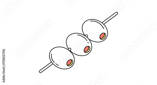Simple line art illustration of three green olives skewered on a thin stick, representing a food or appetizer element with a minimalist design.