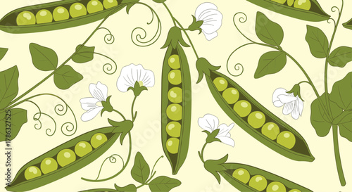 Pattern of fresh green pea pods with ripe peas and delicate white flowers, set against a pale yellow background, representing healthy eating and summer harvest.
