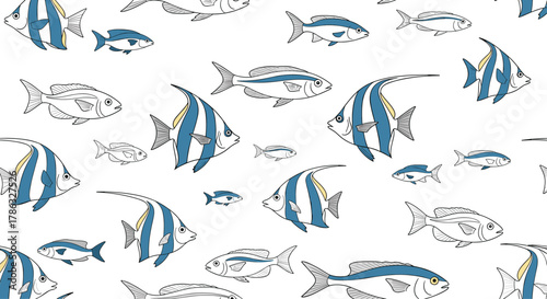 Pattern of various fish in shades of blue and white swimming in water, depicting marine life and underwater scenes with different species.