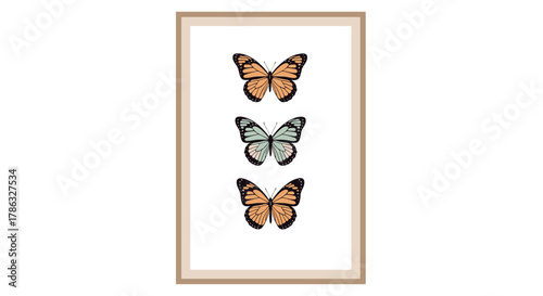 Framed artwork featuring three stylized butterflies in shades of orange and blue, arranged vertically against a white background, adding a touch of nature.