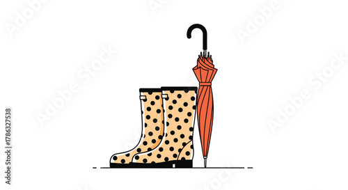 A pair of polka dot rain boots and a folded red umbrella, symbolizing rain, weather, and outdoor activities, presented on a white background.