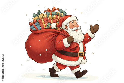 Santa Claus Carrying Gift Sack Over Shoulder Walking in Snow, Isolated on Transparent Background.png