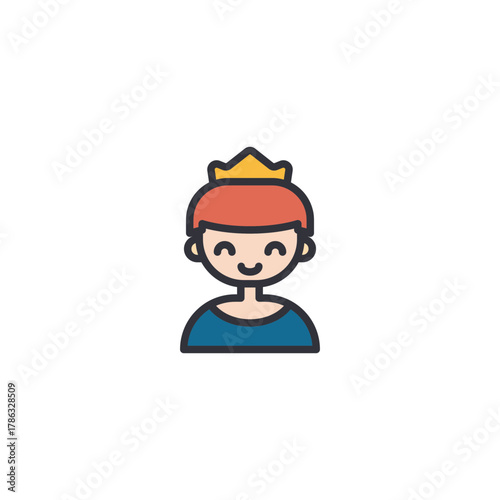 Young prince with crown, cute cartoon style, medieval royalty icon.