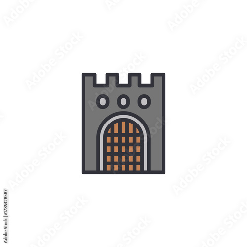 Castle gate, fortress entrance, medieval architecture, stronghold illustration.