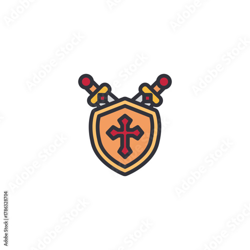 Knight shield with cross and swords, medieval heraldic symbol icon.
