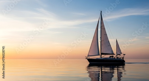 A sailboat sailing on the water during sunset with a clear sky and calm water in the background view