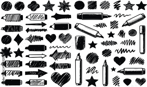 Hand-Drawn Black and White Doodle Highlighters and Scribble Elements Set - Vector Graphic Pack