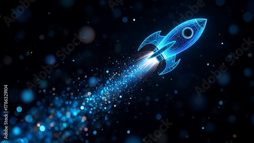 Digital rocket launching with glowing blue particles, concept