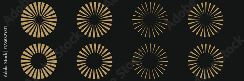 Three abstract sunburst patterns with radiating lines on a peach background. Retro sparkle stars set. Y2K abstract shapes. Brutalism star icons. Sun sunburst. Boho sun with rays, Bohemian sunrise 