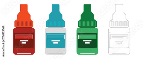 Medical dropper bottles. Pharmaceutical packaging mockup. Plastic liquid isolated vector illustration set