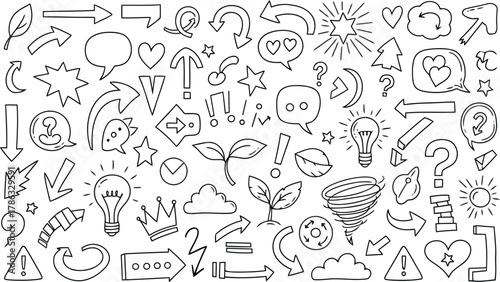 Collection of handdrawn doodle icons including arrows, speech bubbles, hearts, stars, and weather symbols, isolated on white background