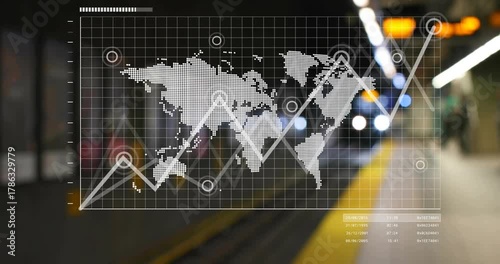 Dotted map appearing hologram on blurred station drawing line graph pulsing nodes showing transit