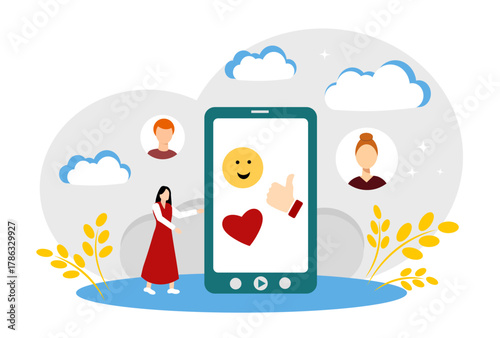 The concept of social approval, social media, social media popularity, like. Girl and phone