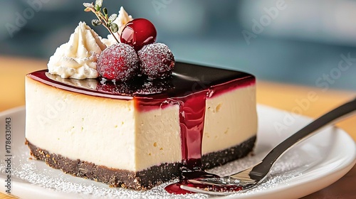 A piece of cheesecake on a plate with a fork