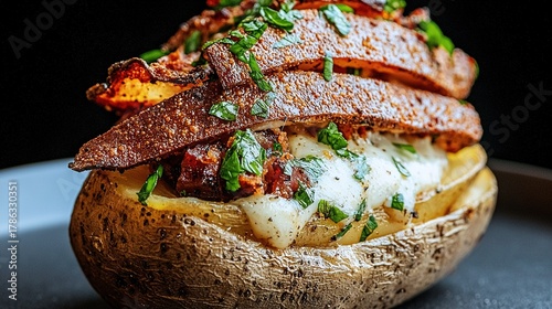 A close up of a baked potato topped with bacon and cheese