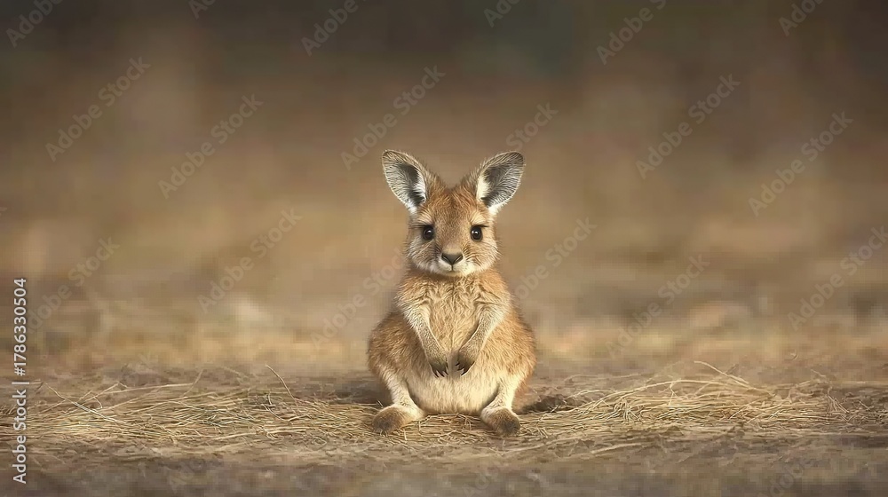 Fototapeta premium A small rabbit sitting on its hind legs in the dirt