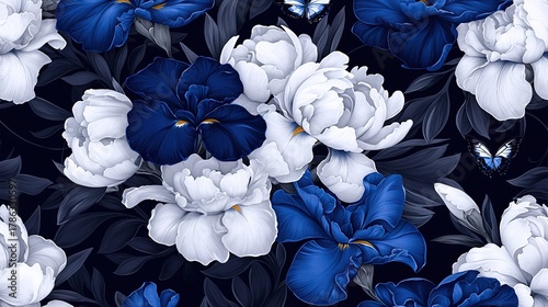 A pattern of white and blue flowers and butterflies