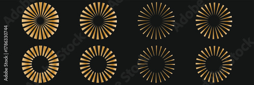 Three abstract sunburst patterns with radiating lines on a peach background. Retro sparkle stars set. Y2K abstract shapes. Brutalism star icons. Sun sunburst. Boho sun with rays, Bohemian sunrise 