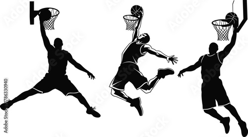 Basketball slam dunk silhouette, airborne athlete, hoop action pose, dynamic sports vector, jump motion, black clipart, athletic dunk illustration